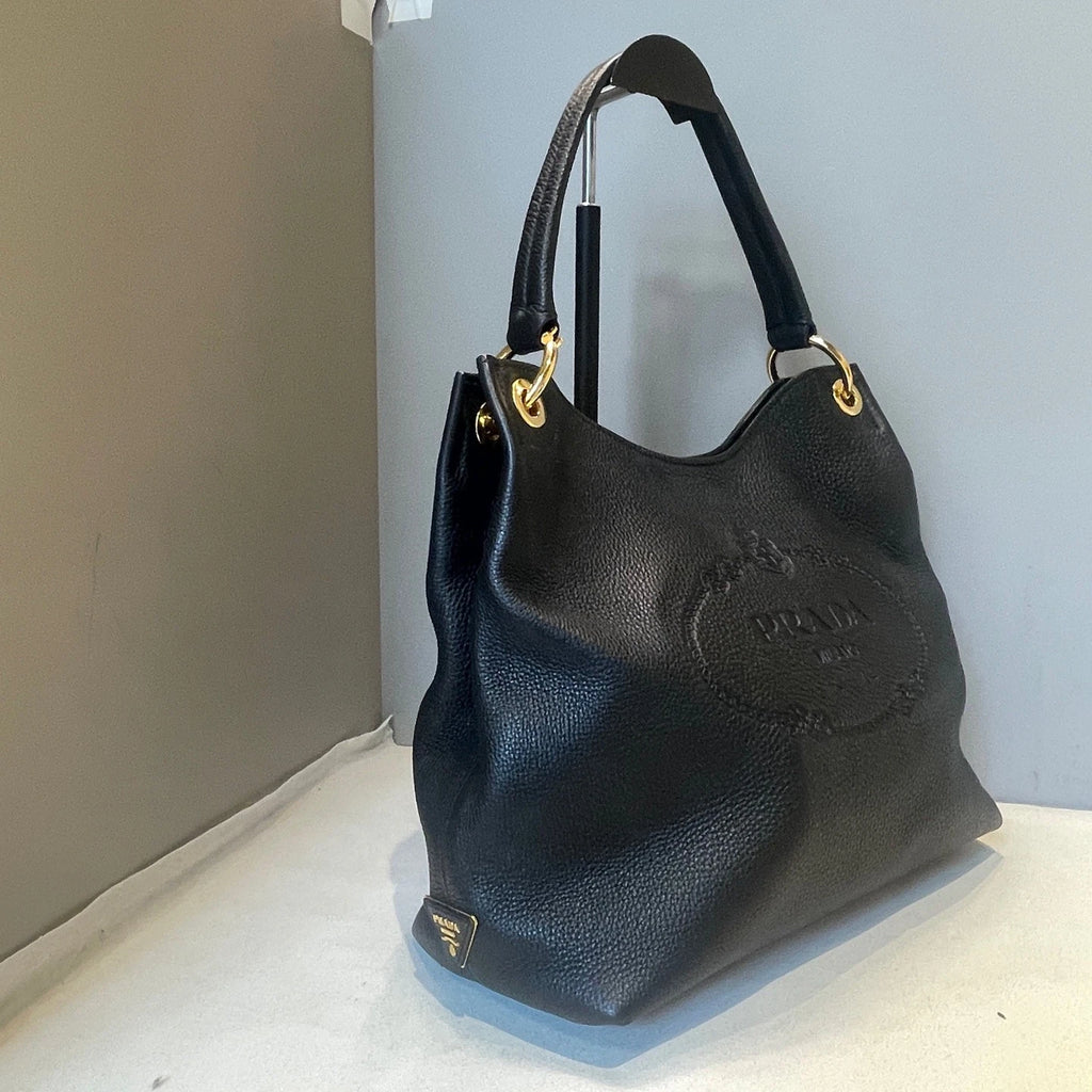 Prada Hobo Tote 2Way Top Handle Shoulder Bag Black Gold Used Women Classic