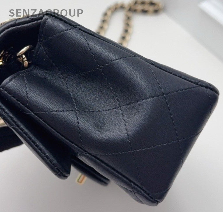 Chanel Classic Flap Lambskin Mini Chain Shoulder Bag Crossbody Black Gold Women