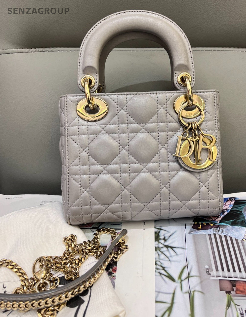 Christian Dior Lady Top Handle 2way Shoulder Handbag Gray Gold Women