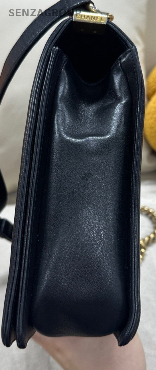 Chanel Leboy Maxi Lambskin Chain Shoulder Bag Black Gold Women Classic Diamond