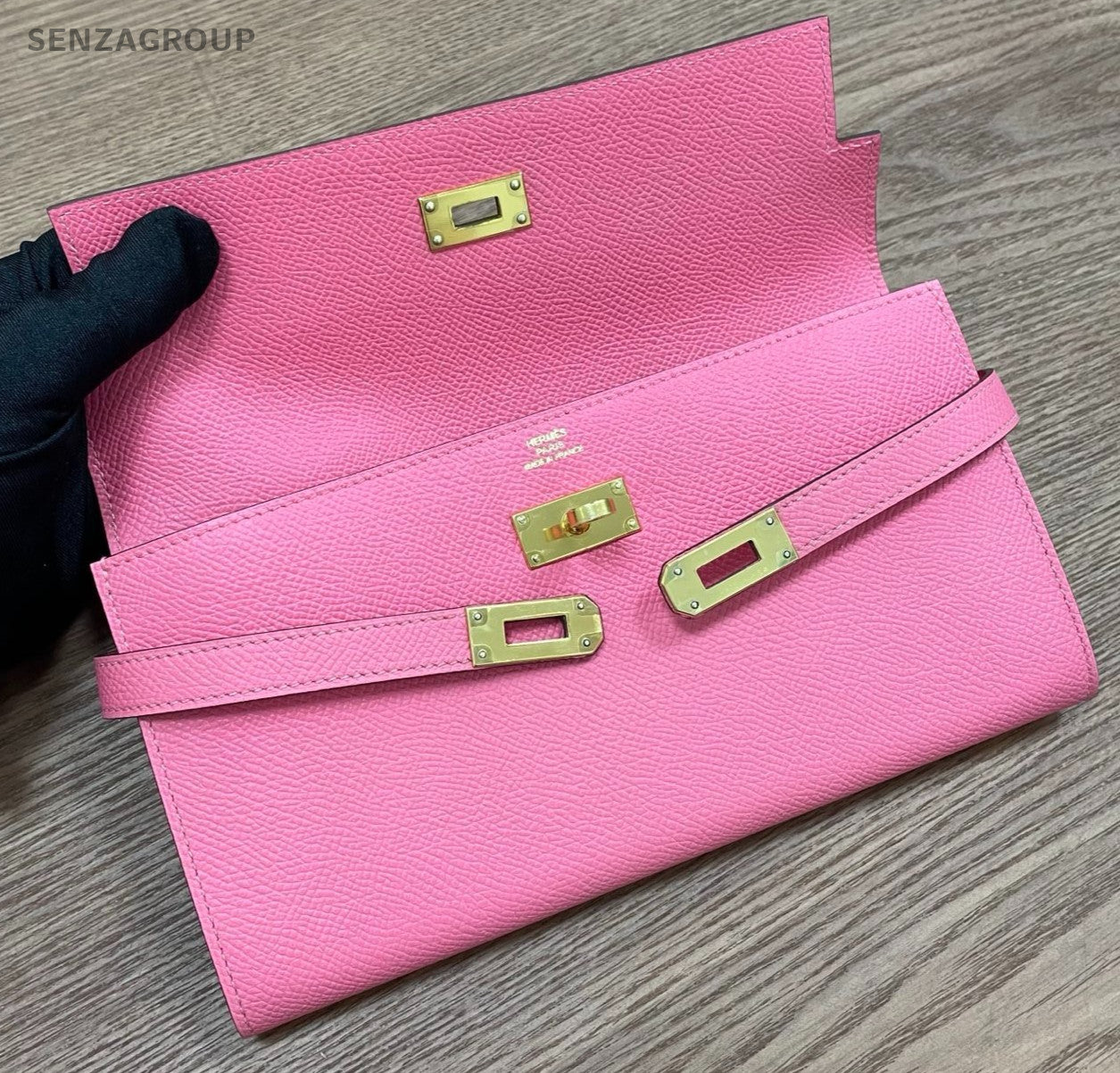 Hermes Kelly Long Wallet Epsom Pink Gold Women Classic Fashion