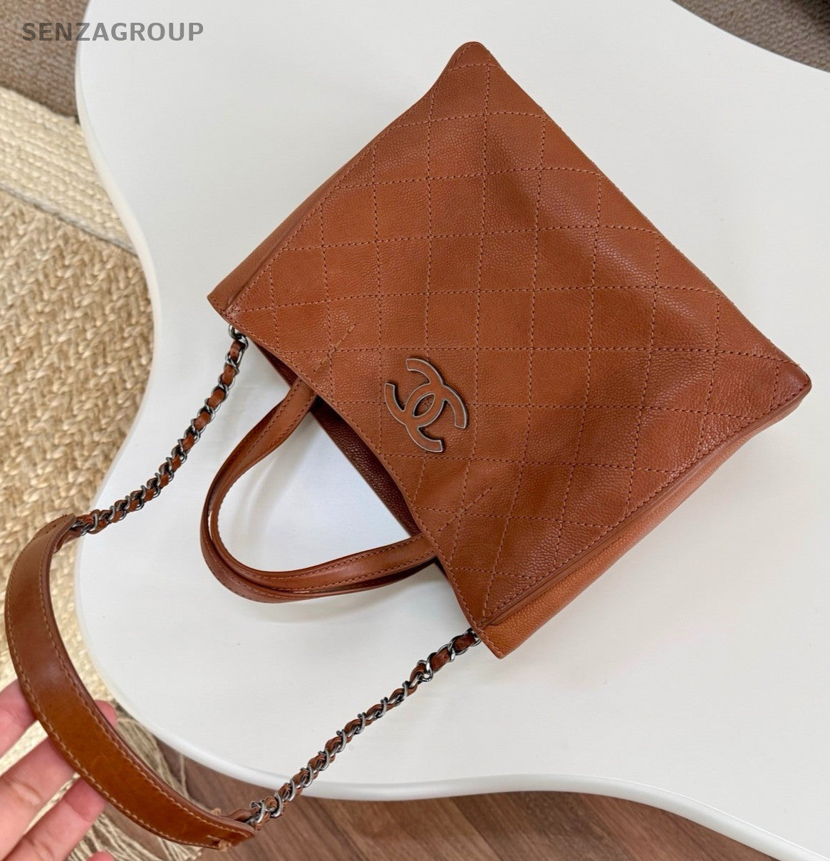 Chanel Calfskin Tote Chain Top Handle Shoulder Bag Brown Silver Women Classic