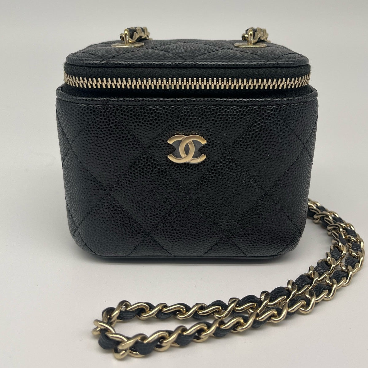 Chanel Mini Vanity Chain Crossbody Bag Black Gold Quilted Classic