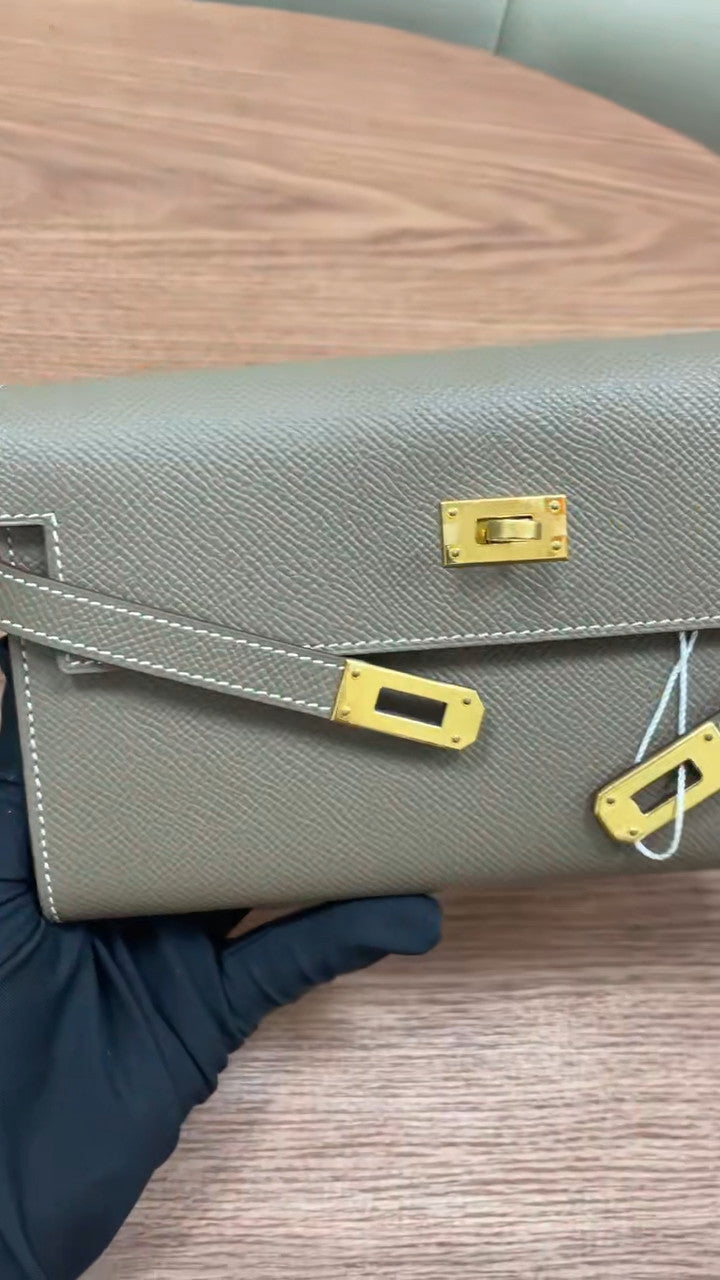 Hermes Kelly Long Wallet Gray Gold Used Women Classic Designer