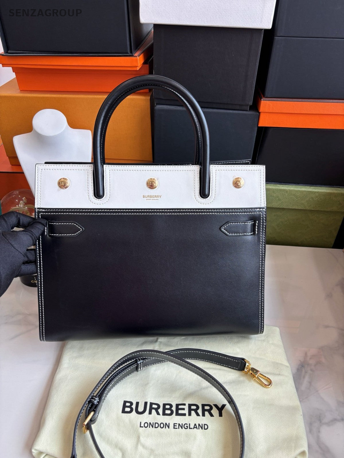 Burberry Title Tote Calfskin Top Handle 2way Shoulder Handbag Black White Women
