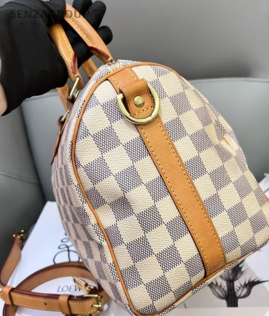 Louis Vuitton Speedy sp25 Damier Azur Top Handle Shoulder Bag Women Blue