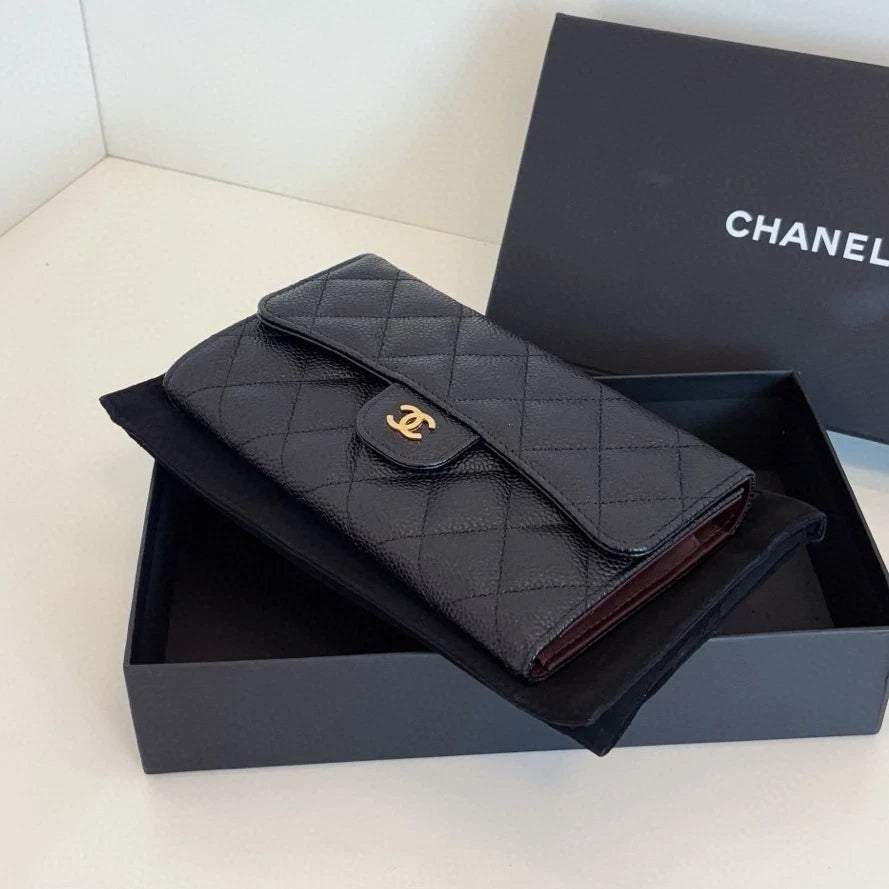 Chanel Classic Flap Long Wallet Diamond Black Gold Used Women