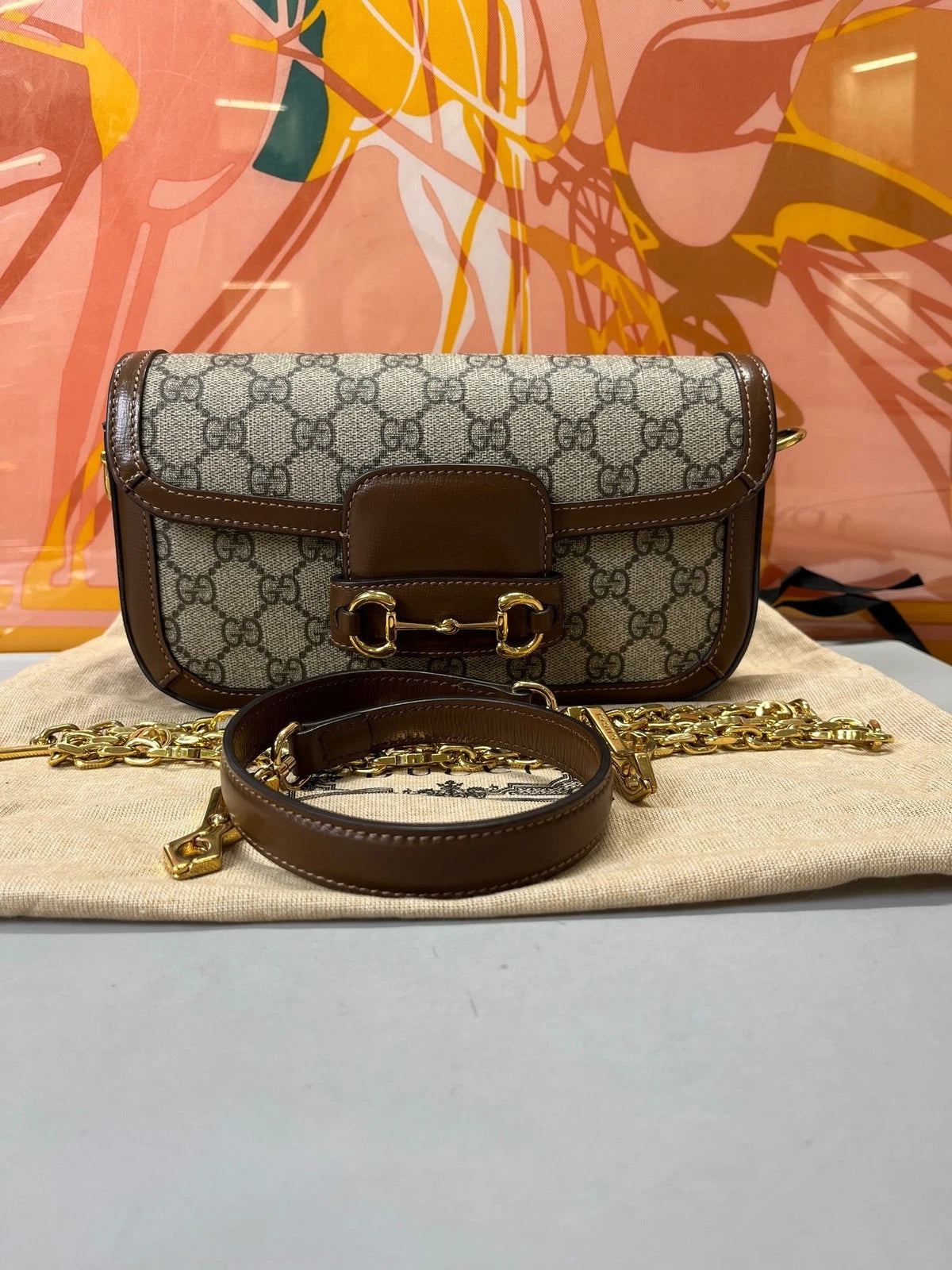 Gucci 1955 Horsebit Canvas Baguette Shoulder Bag For Women