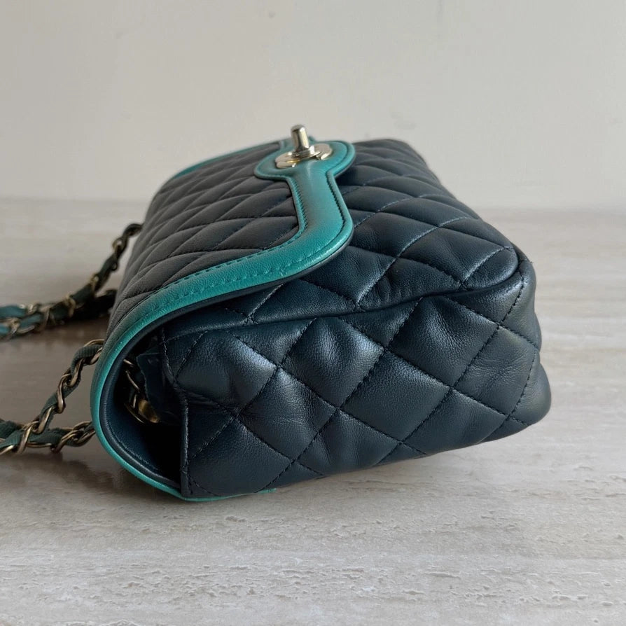 Chanel Classic Flap Lambskin Silver Chain Shoulder Bag Crossbody Navy Green