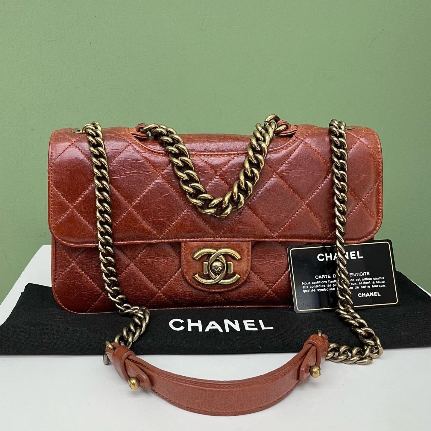 Chanel Classic Flap Chain Top Handle Shoulder Bag Red Gold Used Women Diamond