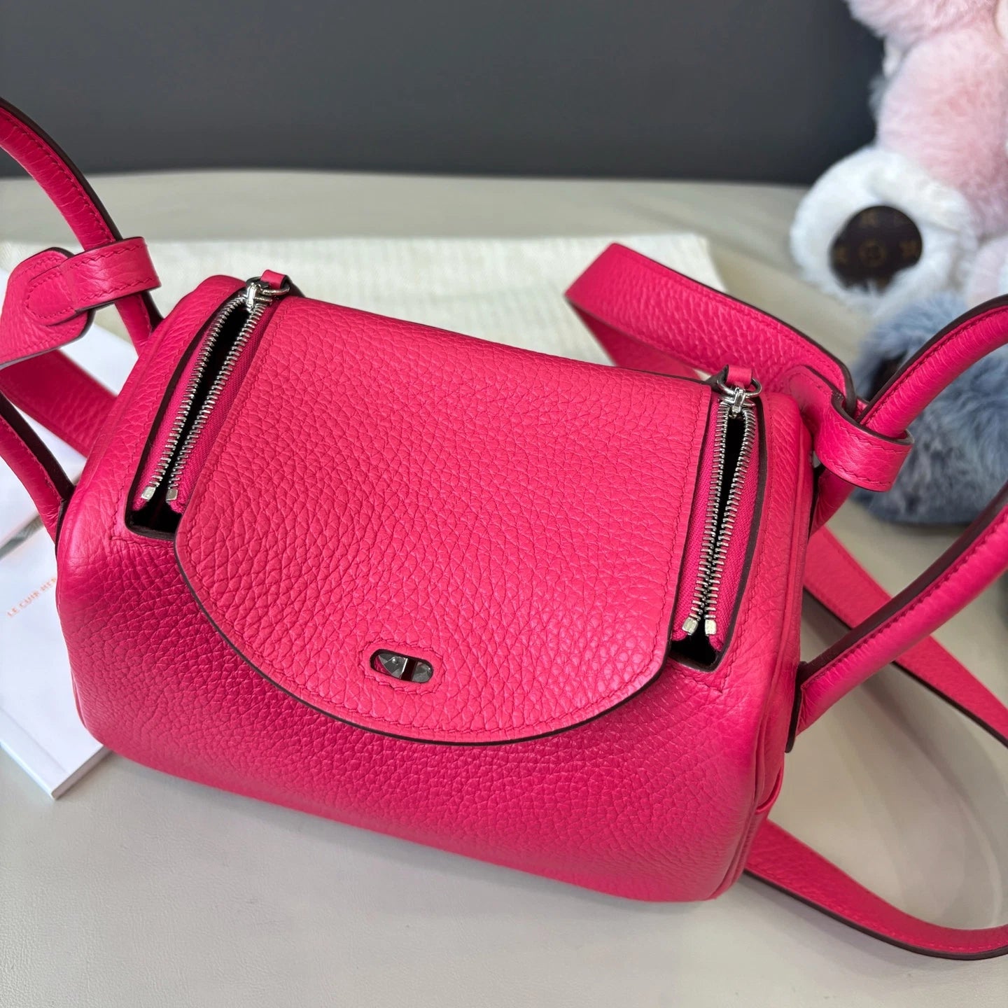 Hermes Lindy Mini TC Leather Top Handle Shoulder Bag Pink Silver Women Classic