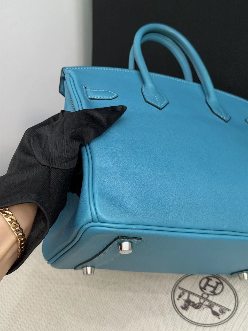 Hermes Birkin25 Evercolor Leather Top Handle Bag Blue Silver Used Women Classic