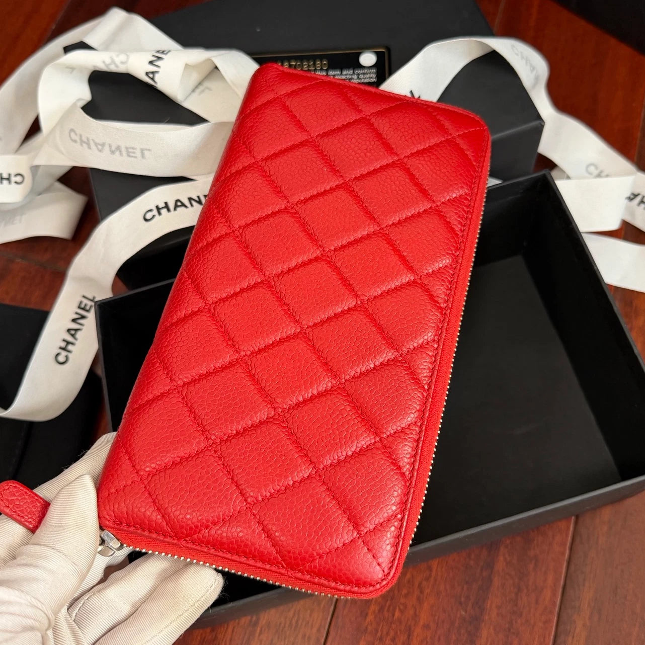 Chanel Diamond Long Wallet Red Silver Used Women Classic