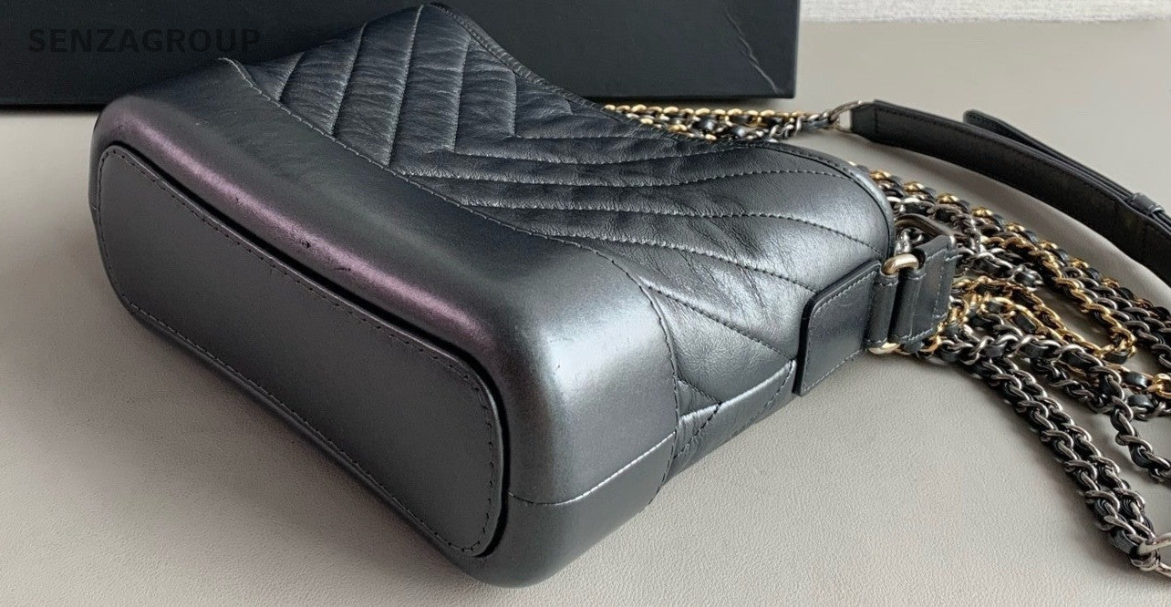 Chanel Gabrielle PM Calfskin V-Quilted Hobo Shoulder Crossbody Bag Black Women