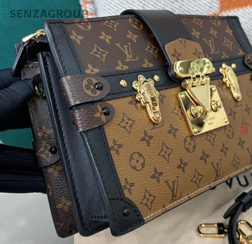 Louis Vuitton Trunk Monogram Clutch Shoulder Bag Crossbody Brown Gold Women
