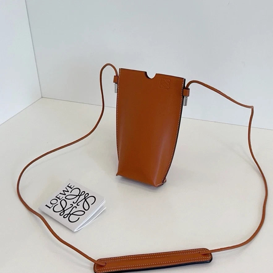 Loewe Calfskin Phone Bag Crossbody Brown Used Women Classic