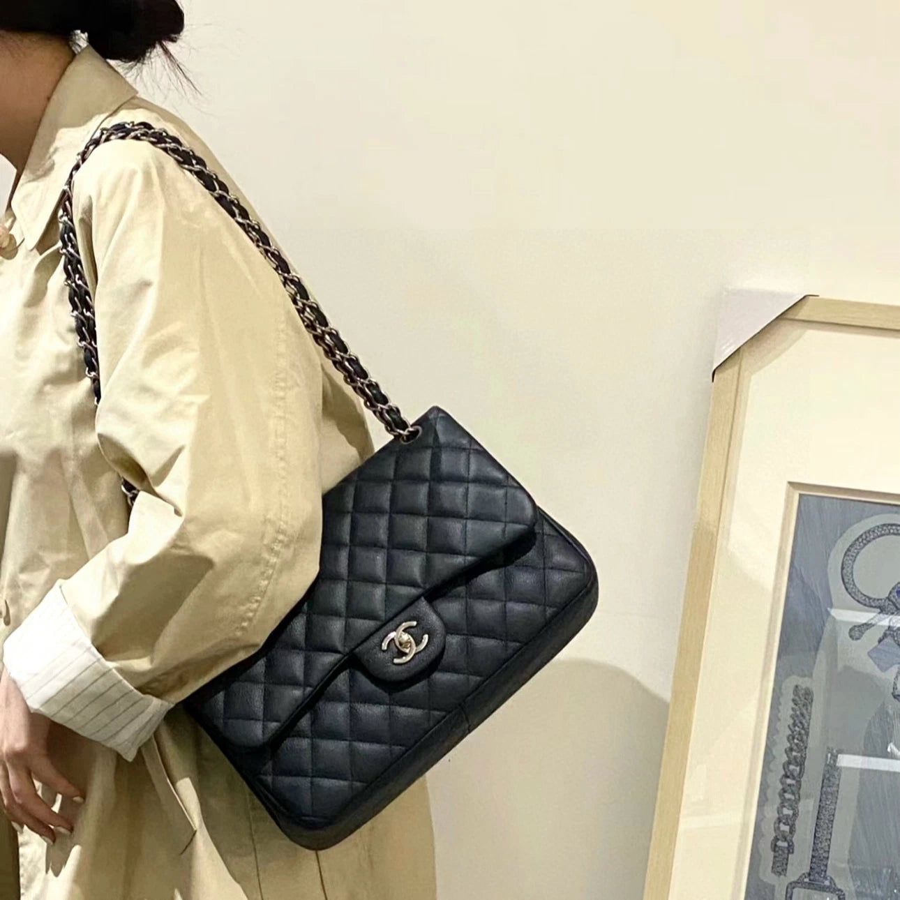 Chanel Classic Flap Jumbo Chain Shoulder Bag Crossbody Black Silver Women