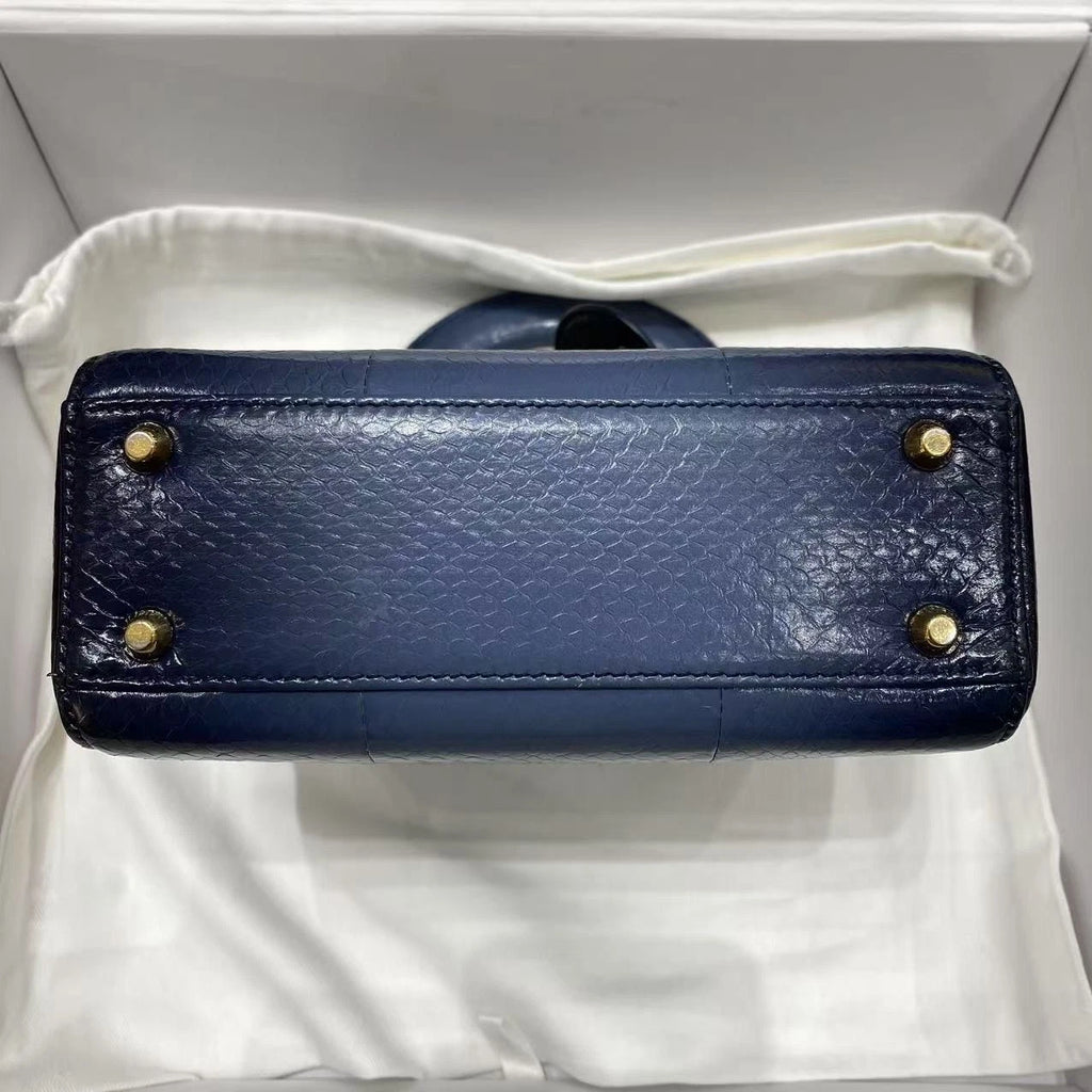 Dior Women Blue Gold Leather Lady Dior Top Handle Bag