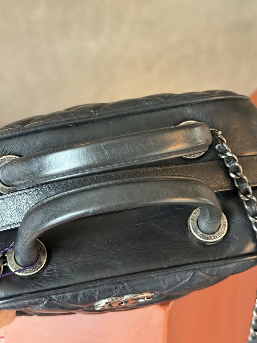 Authentic Chanel Bowling MINI Oil Wax Top Handle Shoulder Bag Black SHD