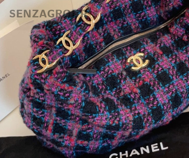 Chanel Tweet Maxi Hobo Chain Shoulder Bag Purple Gold Women Classic Designer
