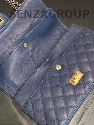 Chanel 2.55 Medium Blue Gold Chain Shoulder Bag Calfskin Classic Quilted