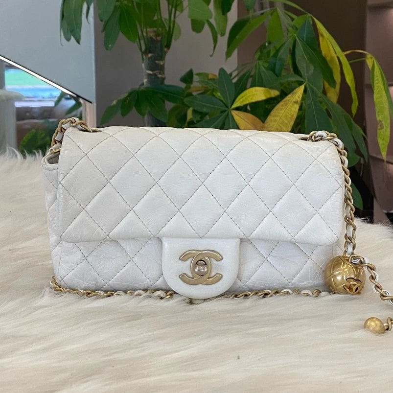 Chanel Gold Ball Mini Chain Shoulder Crossbody Bag White Gold Classic Women