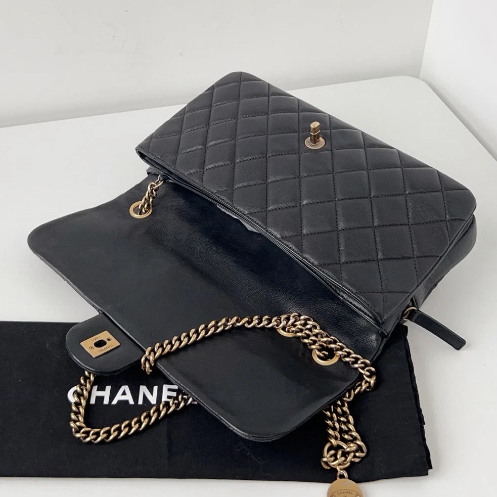 Chanel Classic Flap Jumbo Calfskin Gold Coin Chain Black Shoulder Bag Crossbody