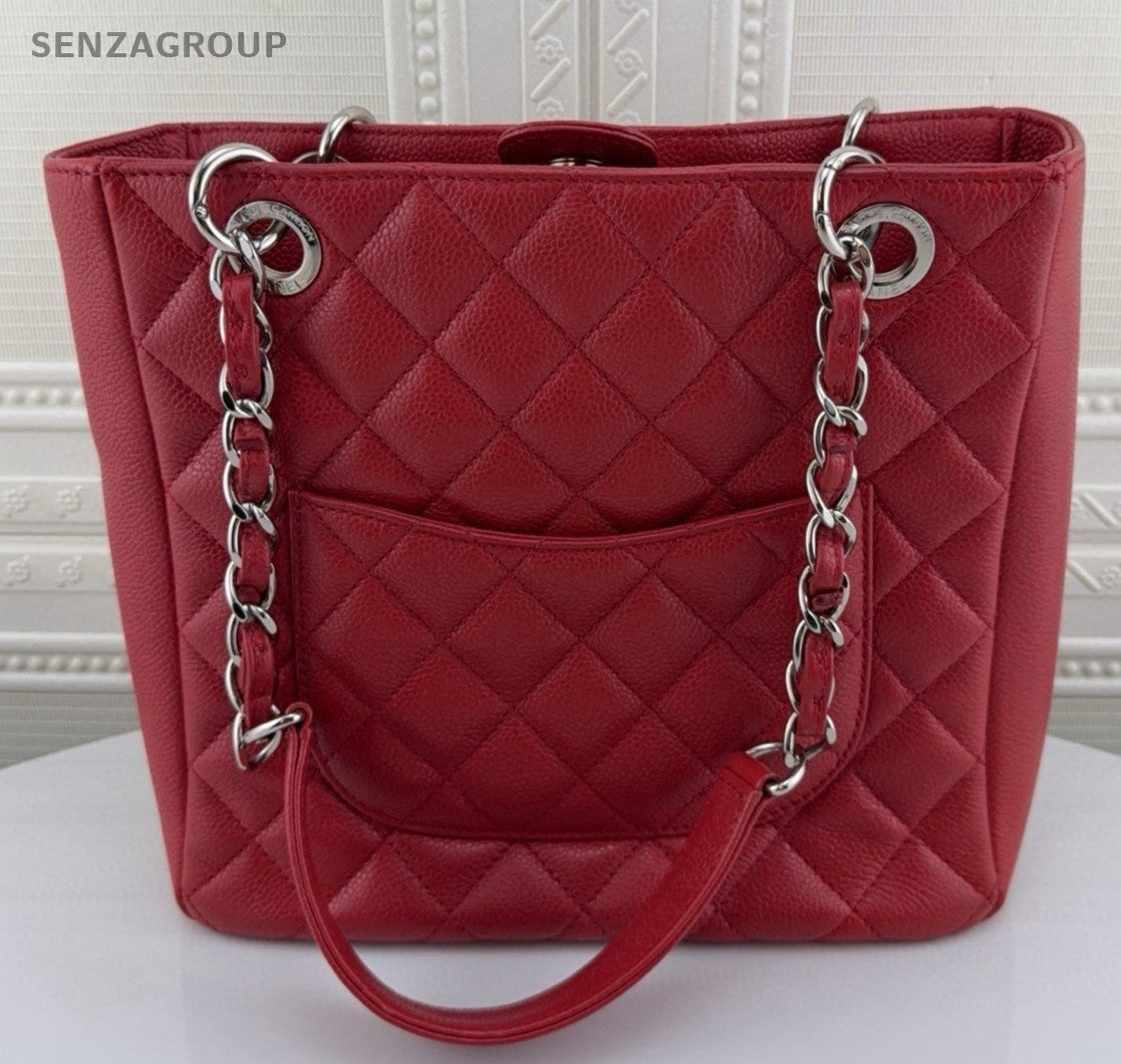 Chanel PST 12A Chain Calfskin Shoulder Bag Red Silver Diamond Women Classic