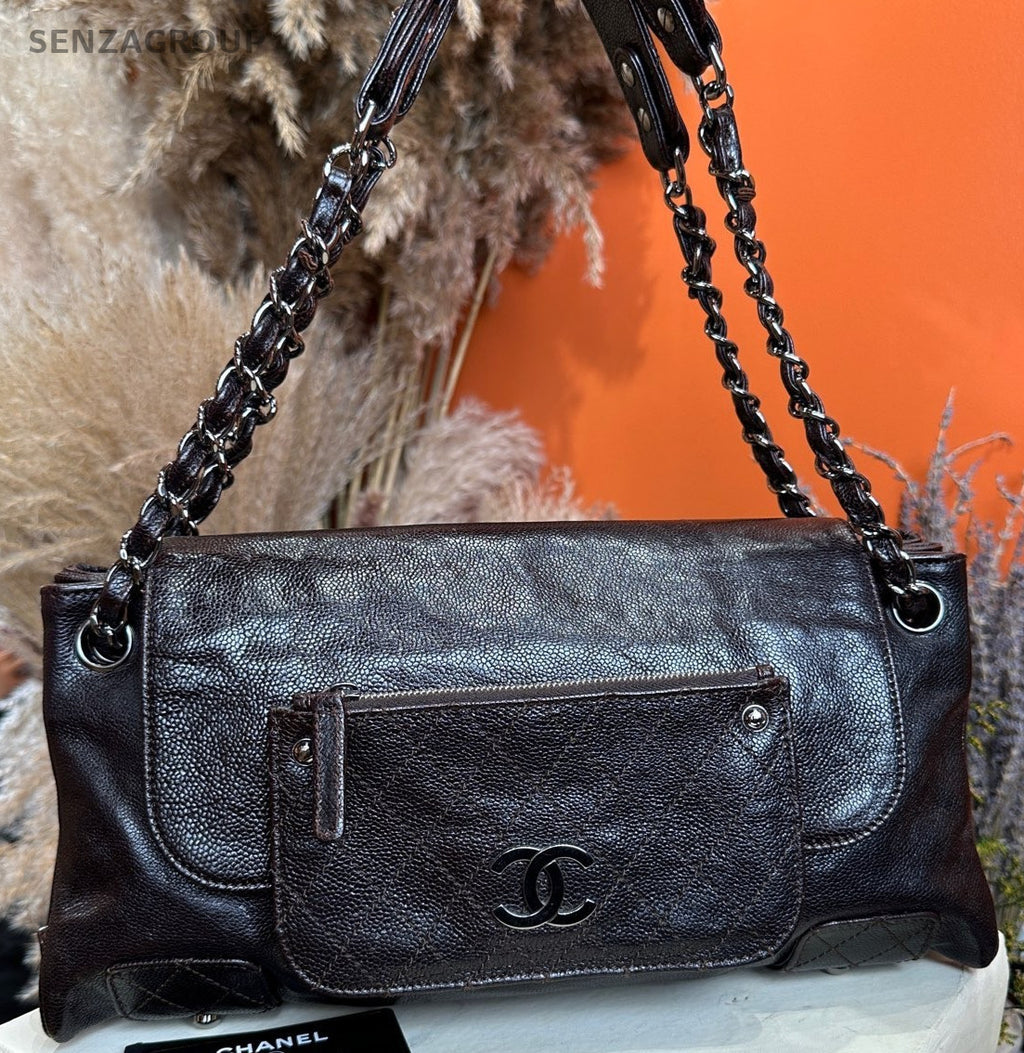 Chanel Pocket Boy Bag Chain Shoulder Bag Black Silver Used Women Classic