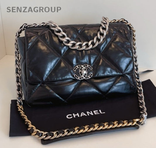 Chanel 19Bag MM Chain Top Handle Bag Crossbody Black Silver Women Classic
