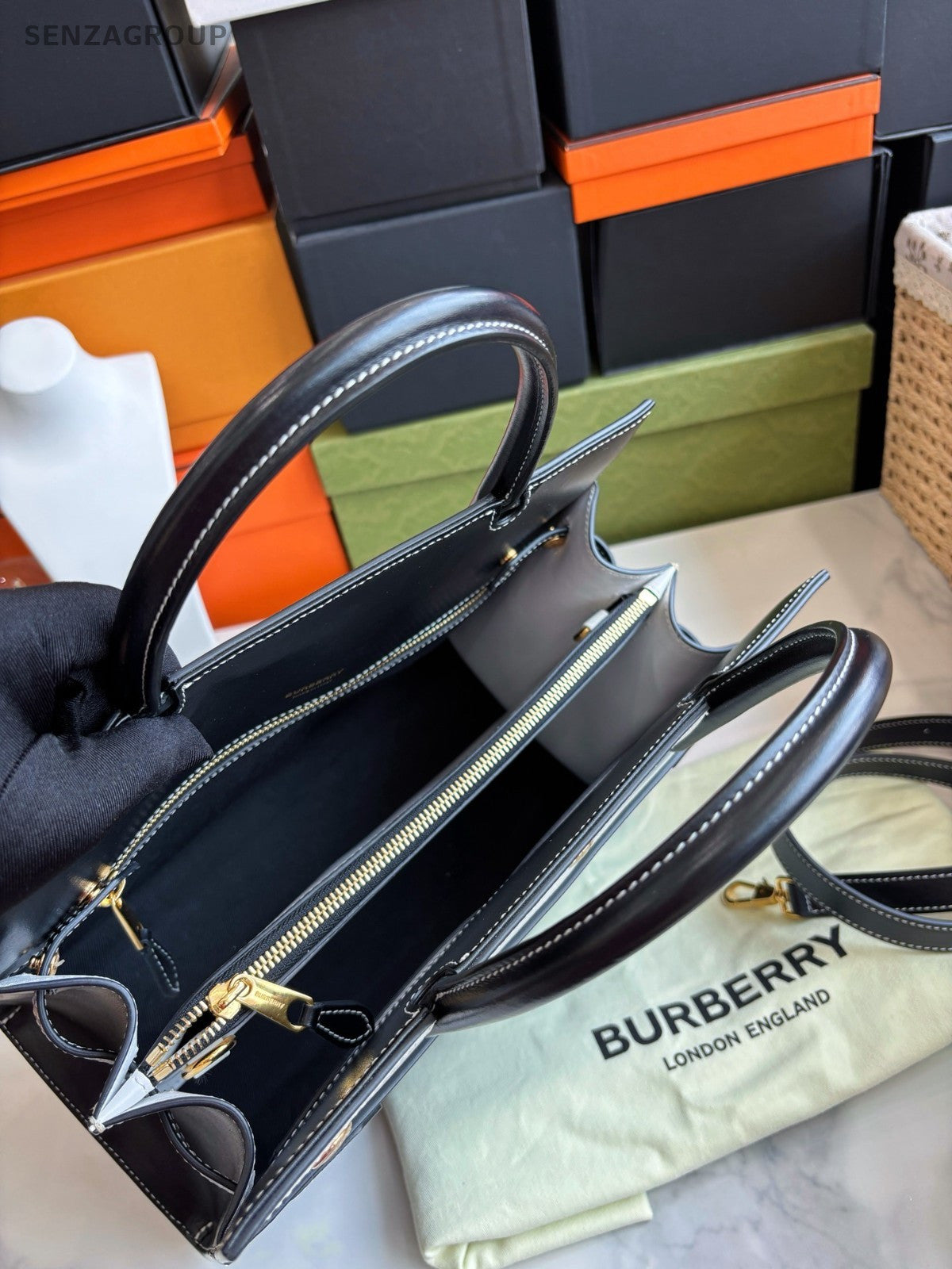 Burberry Title Tote Calfskin Top Handle 2way Shoulder Handbag Black White Women