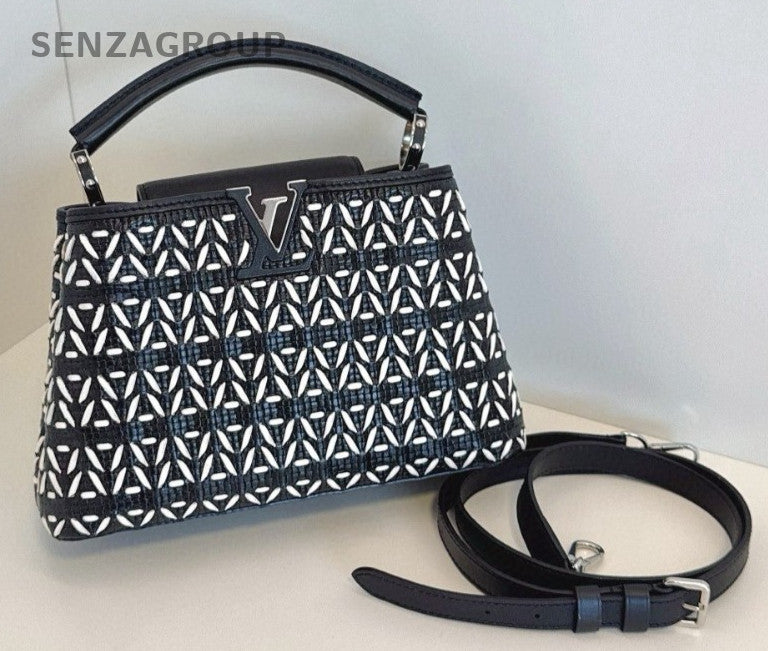 Louis Vuitton Capucines BB Top Handle Shoulder Crossbody Bag Black White Women