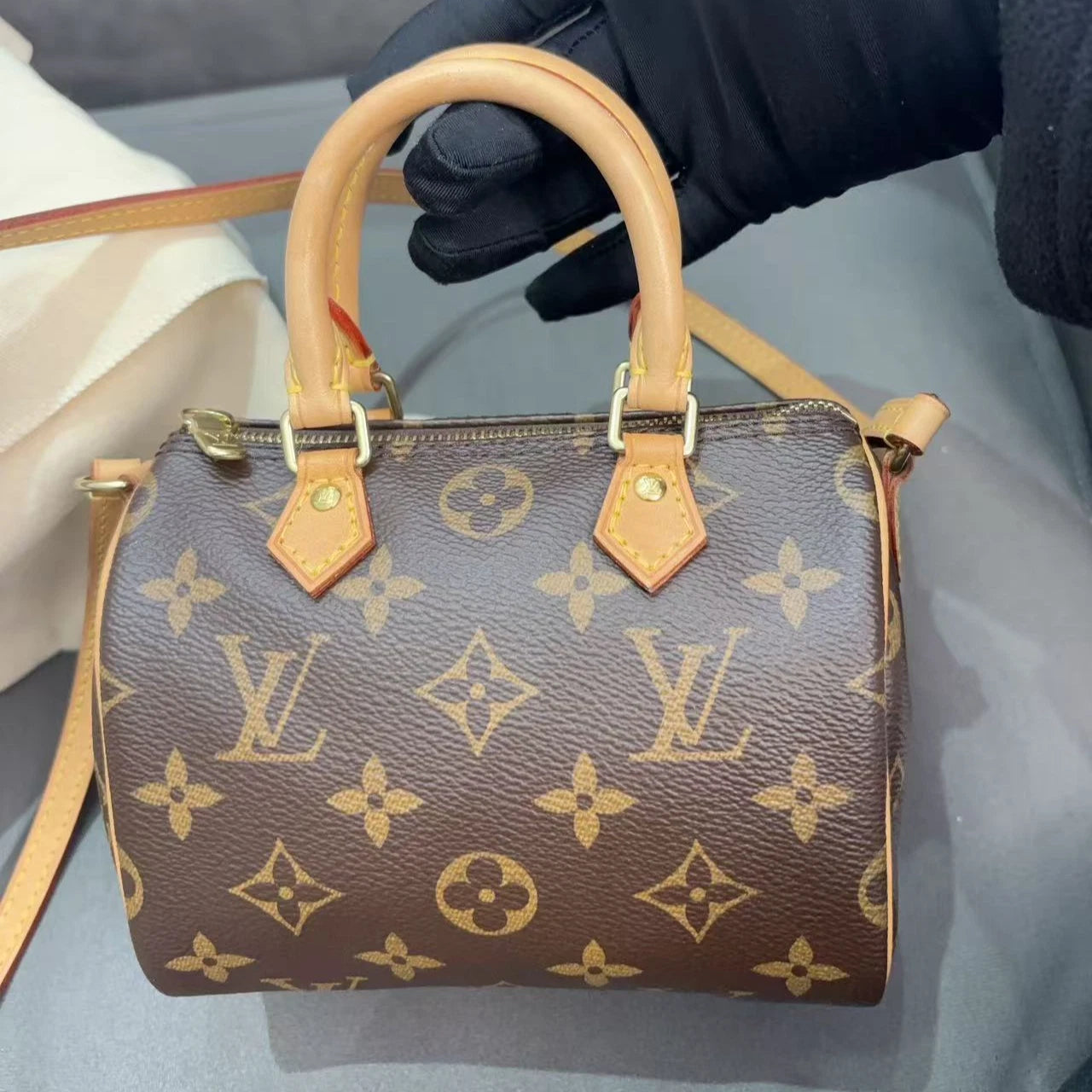 Authentic Louis Vuitton Speedy Nano Monogram Top Handle Crossbody Bag Brown