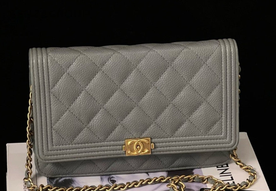 CHANEL Leboy Woc Diamond Pattern Calfskin Chain Shoulder bag Gray Gold Women