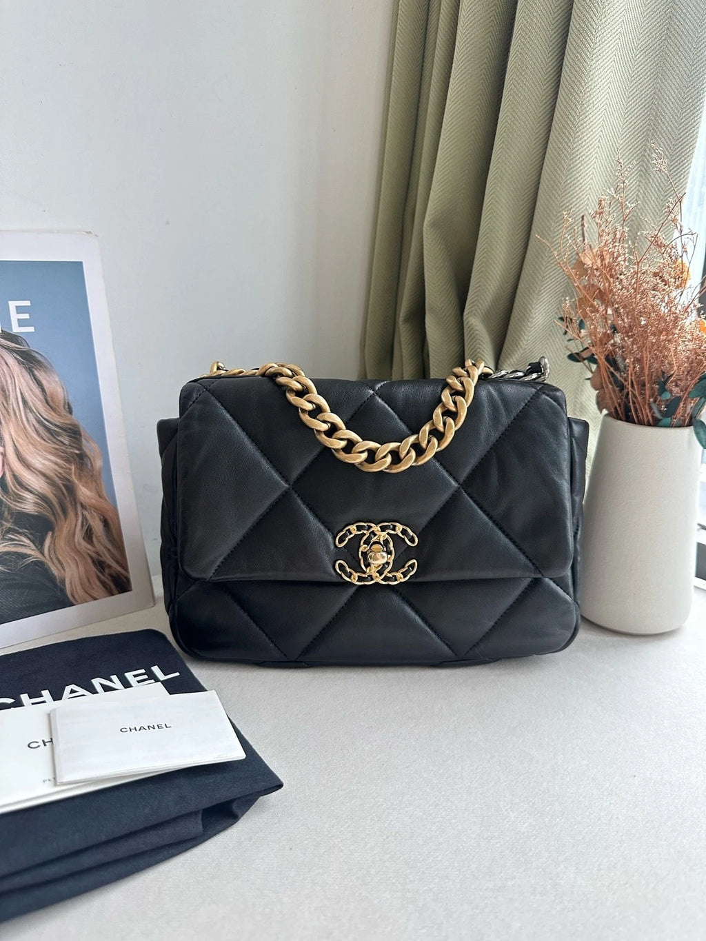 CHANEL 19Bag Small Black Gold Shoulder Crossbody Handbag Women