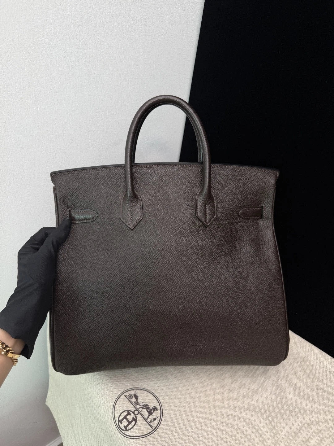 Authentic Hermes Hac 32 Ebene Epsom Leather Tote Top Handle Bag Gold Hardware