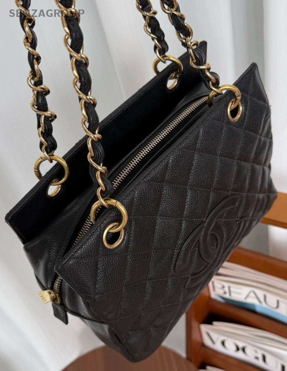 CHANEL PPT Caviar CC Chain Shoulder Handbag Black Gold Women tote