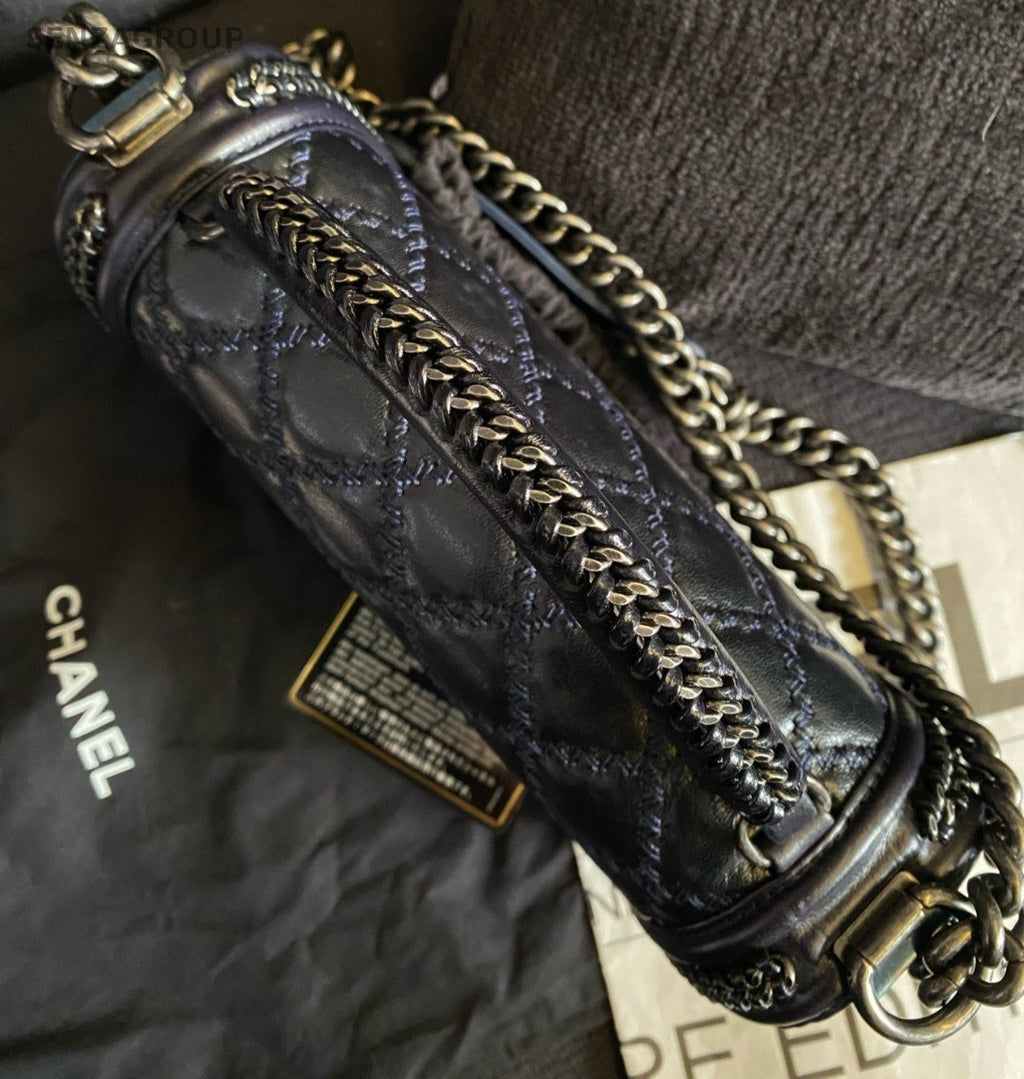 Chanel Leboy Chain Top Handle Shoulder Bag Blue Silver Women Classic Diamond