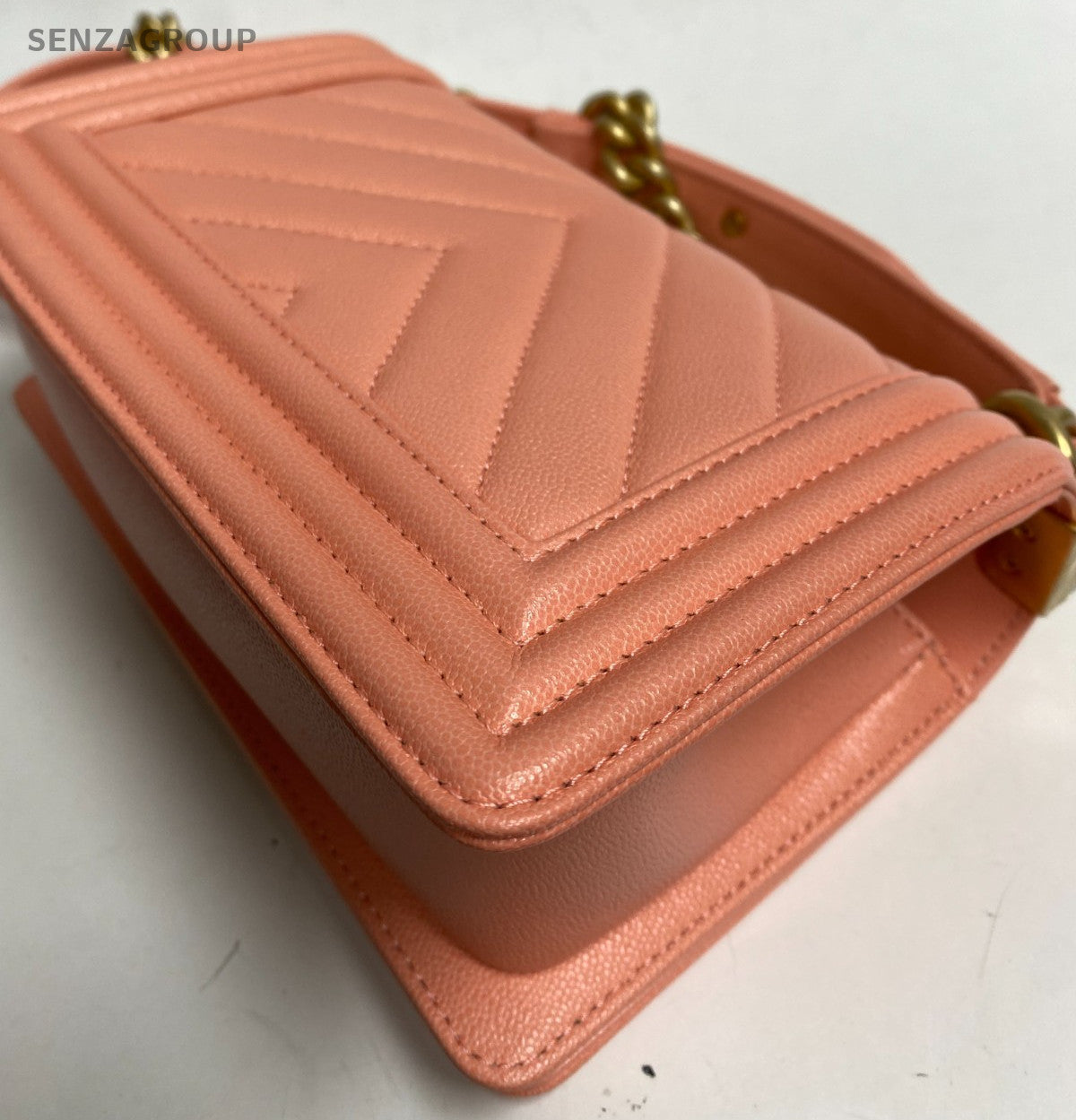 Chanel Leboy PM Chain Shoulder Bag Pink Gold Chevron Women Classic Fashion