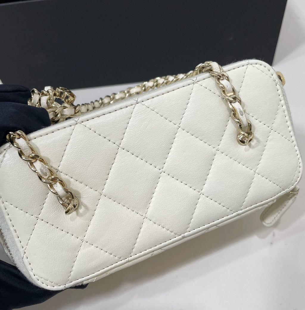 Chanel Diamond Lambskin Chain Box Crossbody White Gold Women Classic Fashion
