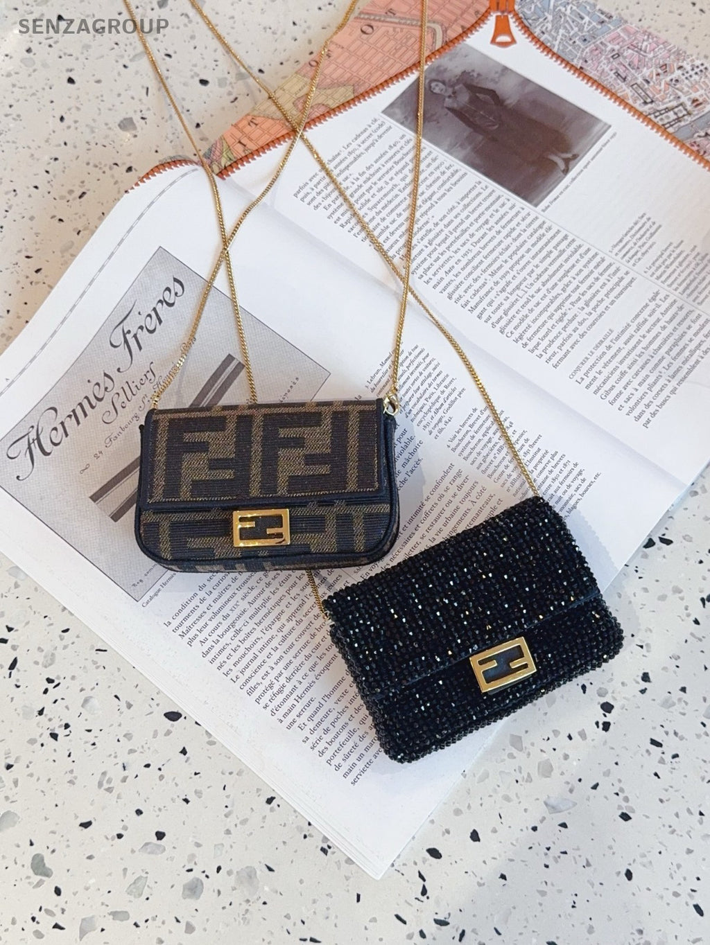 Fendi nano baguette Black beaded string Purse Chain Shoulder bag Crossbody