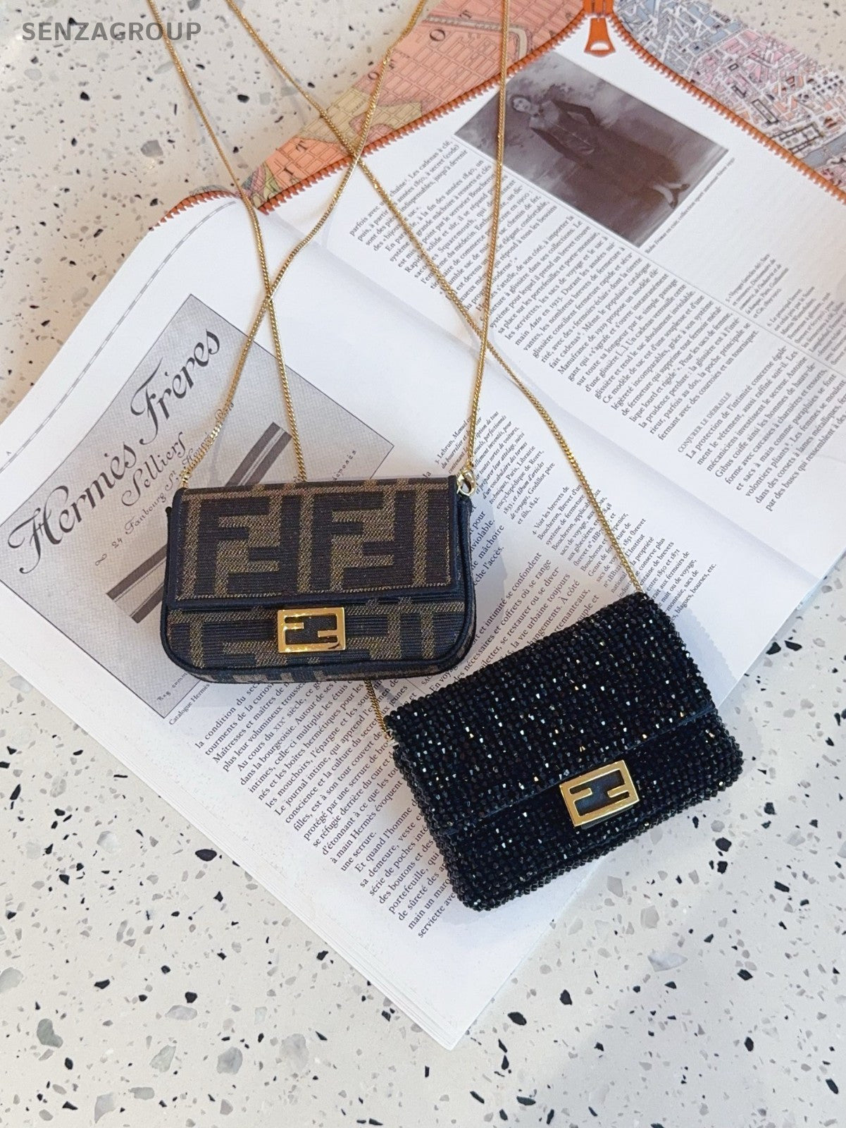 Fendi nano baguette Black beaded string Purse Chain Shoulder bag Crossbody