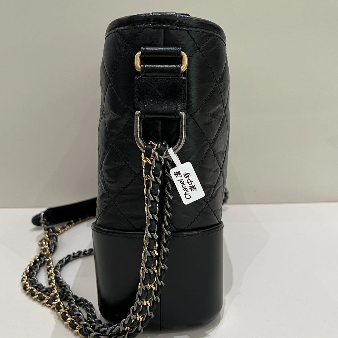 Chanel Gabrielle Medium Chevron Chain Shoulder Bag Black Gold Women's
