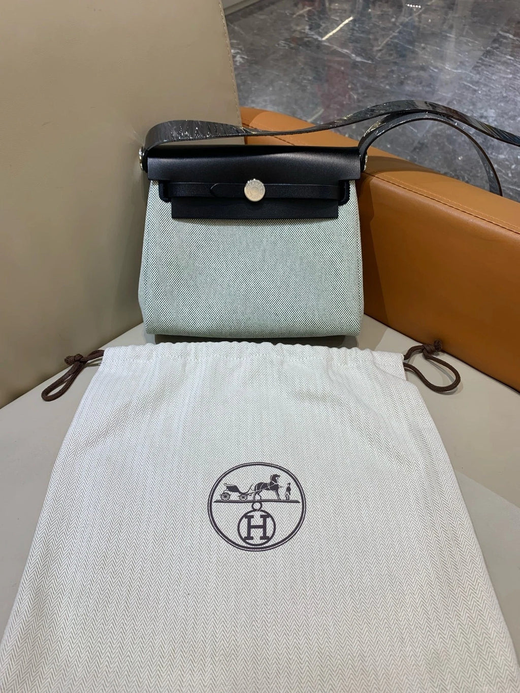 Hermes Mini Herbag Black Green Canvas Shoulder Bag For Women