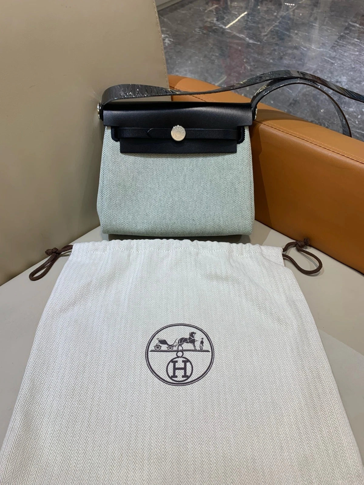 Hermes Mini Herbag Black Green Canvas Shoulder Bag For Women