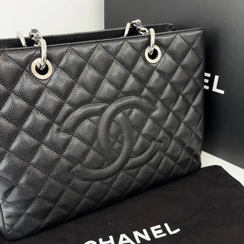 Excellent Chanel GST Calfskin Black Tote Chain Handbag Shoulder Bag CC Logo SHW