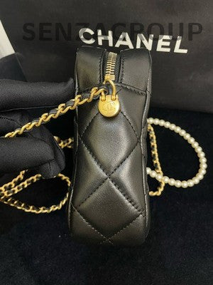 Chanel 21K Black Pearl Gold Chain Phone Bag Crossbody Women's Quilted