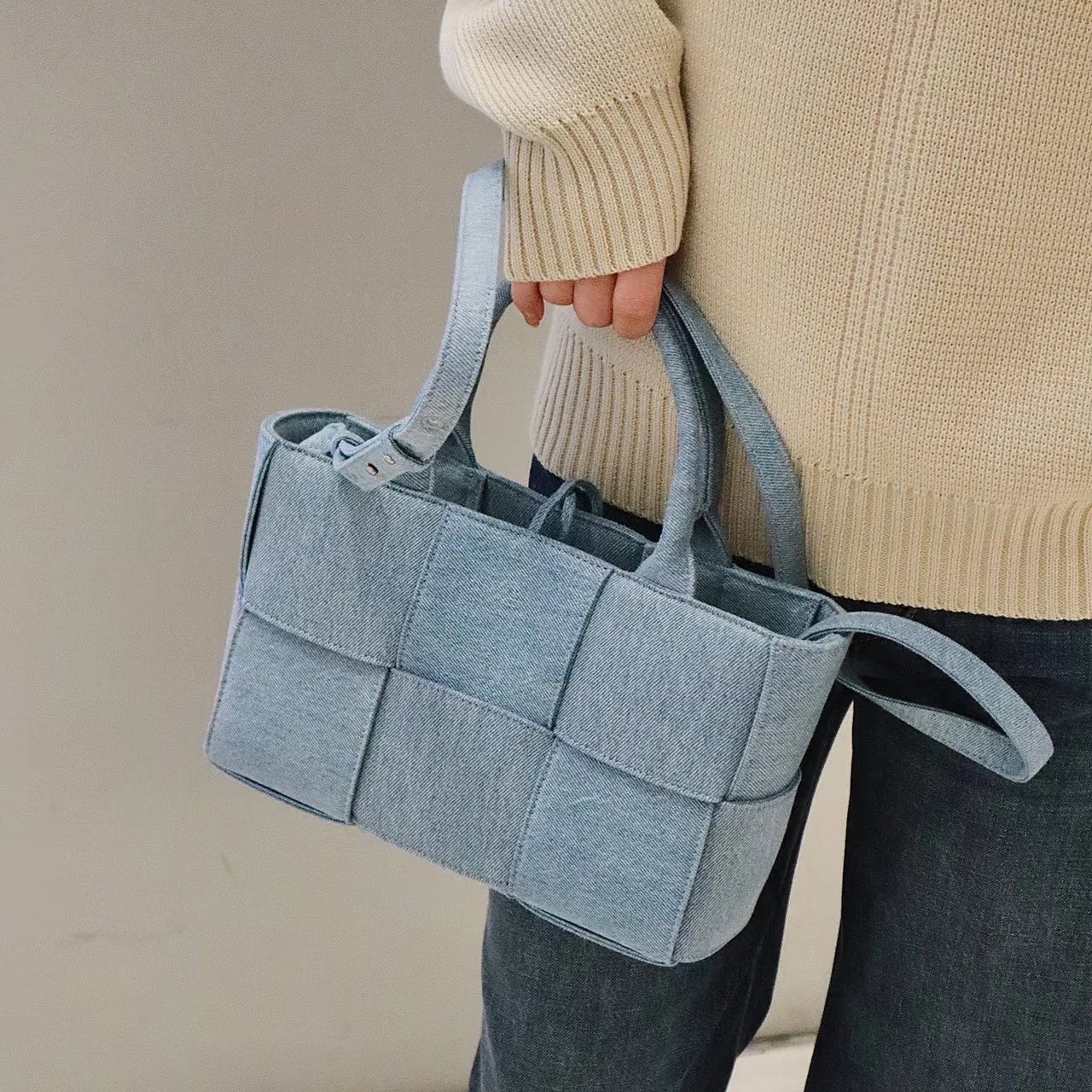 Bottega Veneta Arco Tote Denim Cassette Top Handle Crossbody Blue Women Classic