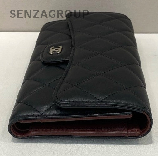 Chanel Diamond Long Wallet Clutch Black Silver Used Women Classic