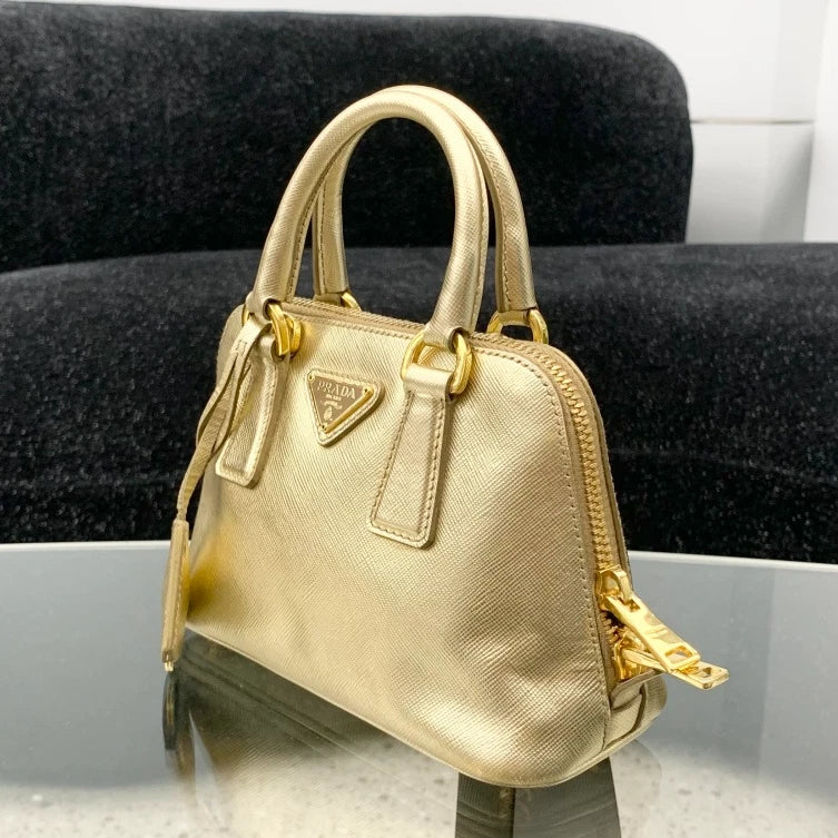 Prada Promenade Mini Calfskin Top Handle Bag Crossbody Gold Women Classic S